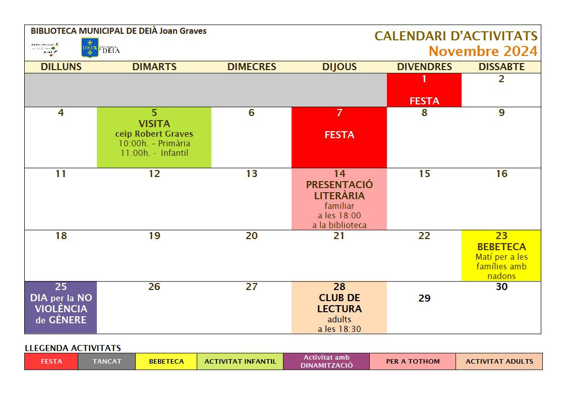 Calendari d'activitats de la biblioteca - novembre 2024