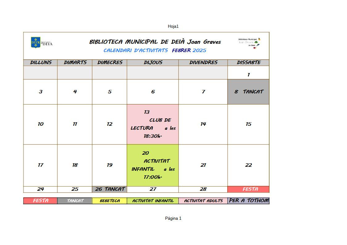 Calendari d'activitats de la biblioteca