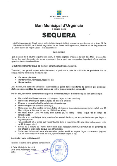 BAN municipal d'urgència a causa de la sequera